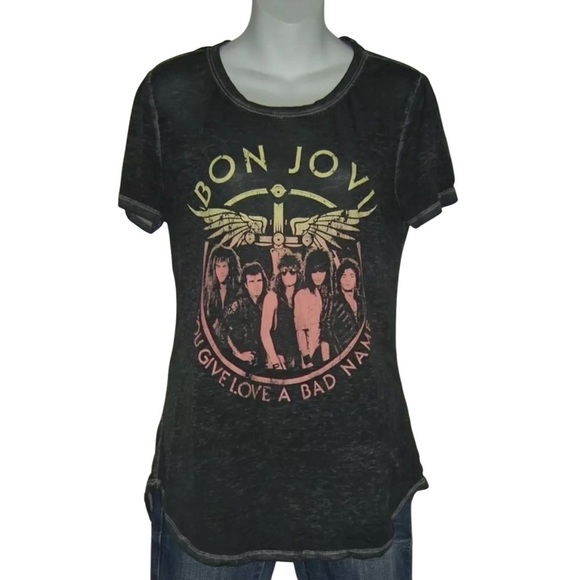 Bon Jovi Tee Shirt You Give Love A Bad Name Distressed Burn Out Gray Retro 80's - Picture 8 of 8